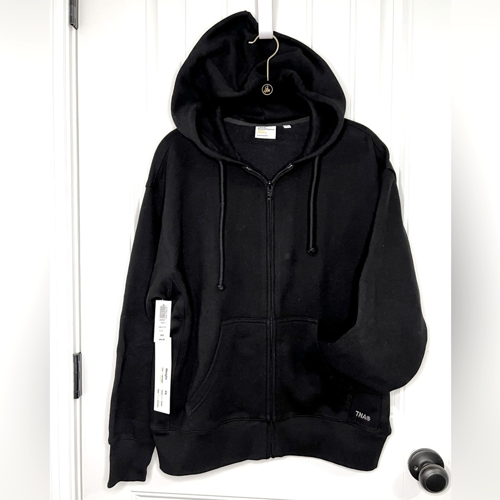 NWT Aritzia TNA Terry Fleece Boyfriend Zip Up Hoodie Sweatshirt Pockets -  Black